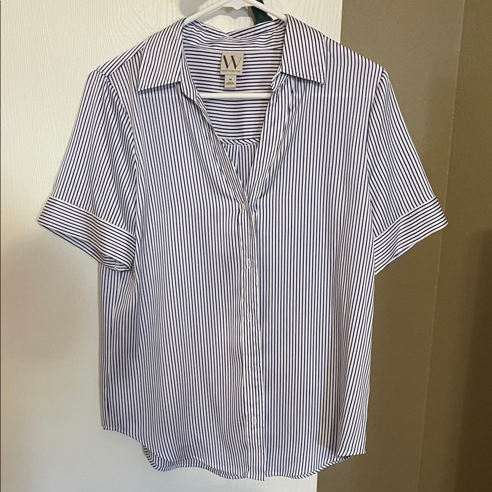 Worthington Women's Blue and White Striped Button Down Shirt